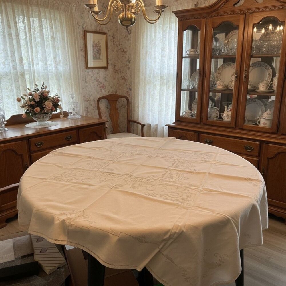 Vintage Beige Art Deco Tablecloth 17x50 Embroidered Rectangle Cottage Grannycore